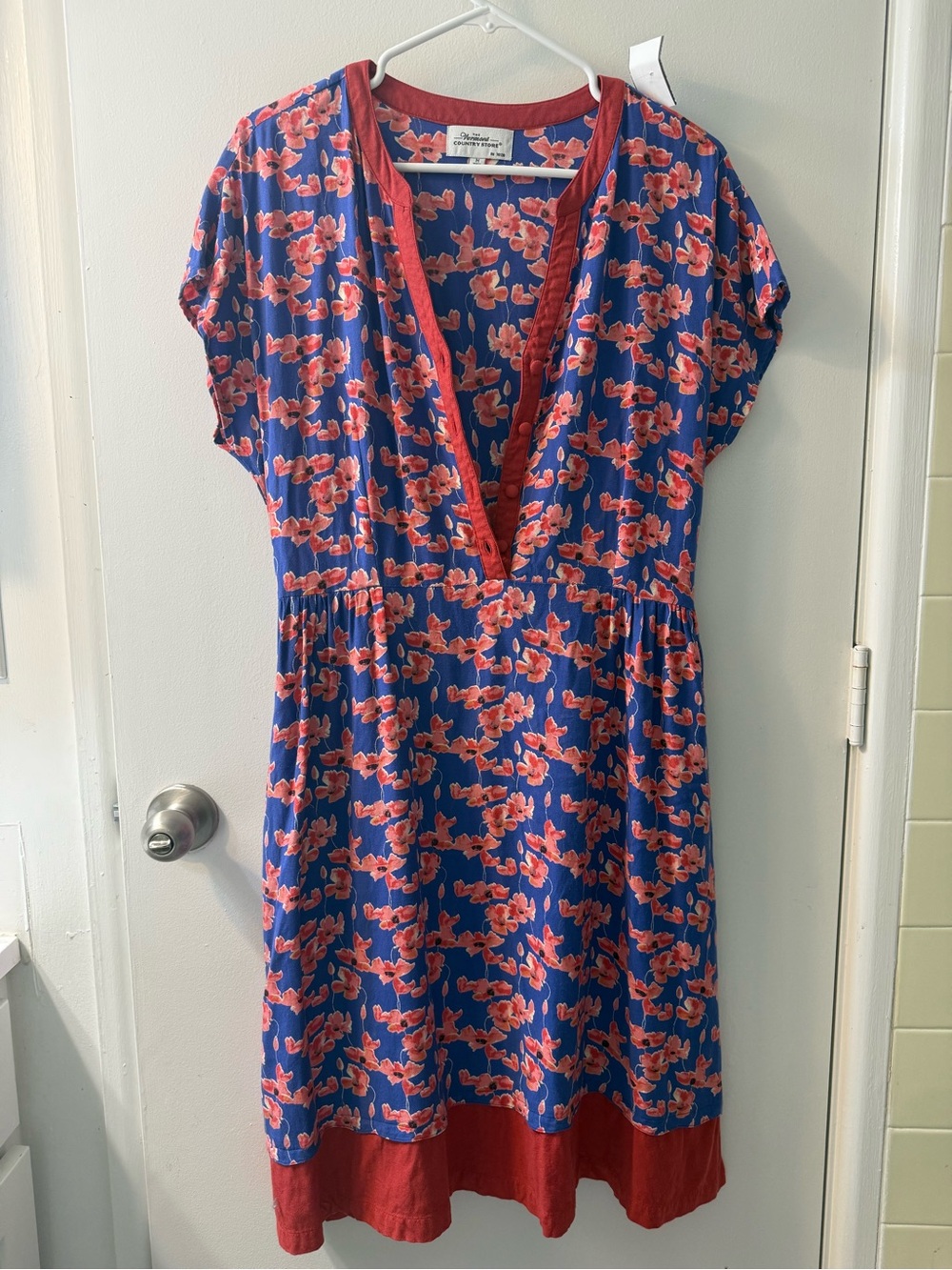 Blue Floral V-Neck Dress with Coral Trim
